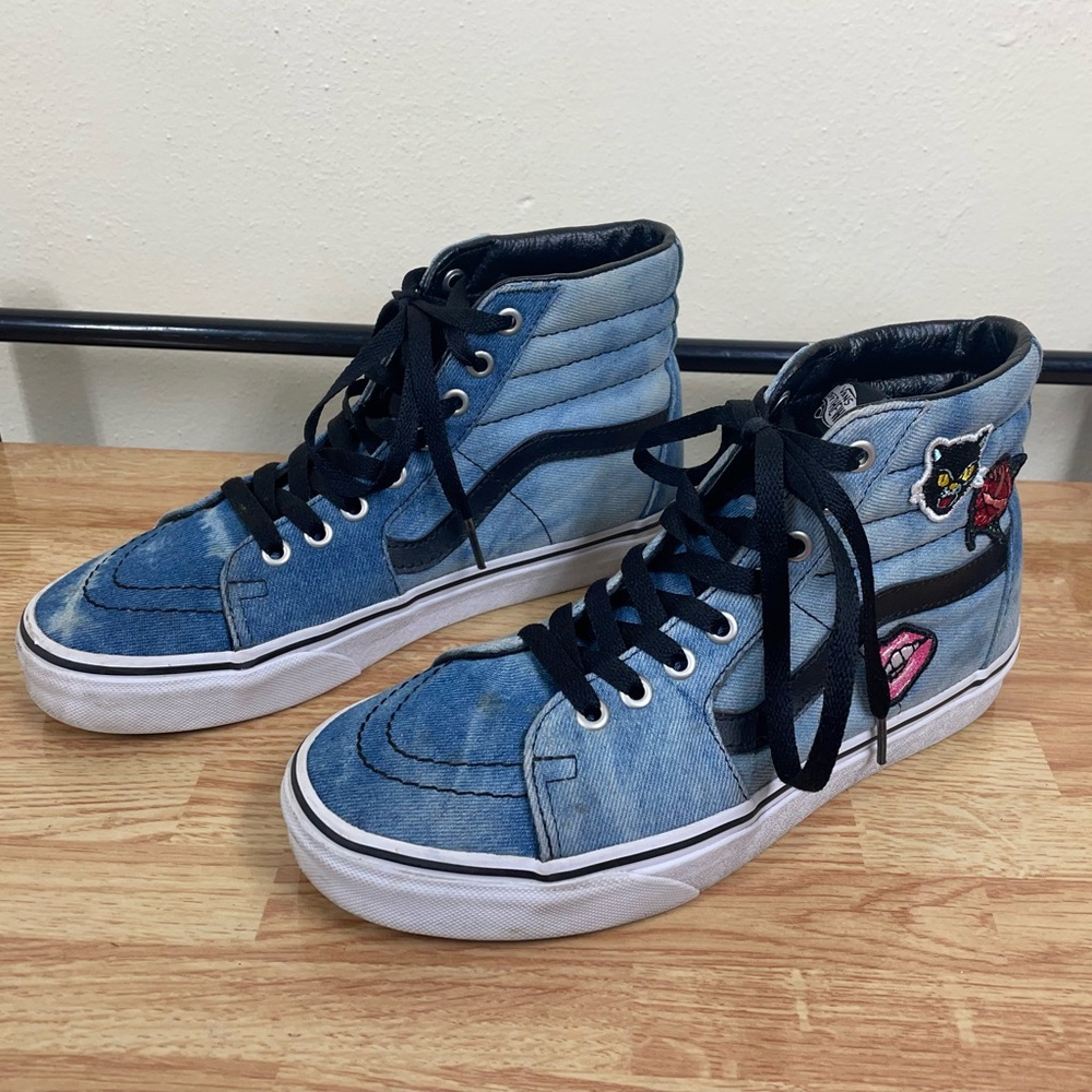 VANS Sk8 Hi Denim with 80s Pop Patches High Top Skate Sneakers size W8 M…